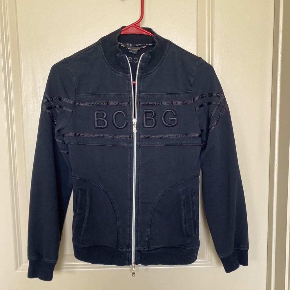 BCBG MAXAZRIA Zipper Sweatshirt with ribbed collar and Satin trim.  Size Small.